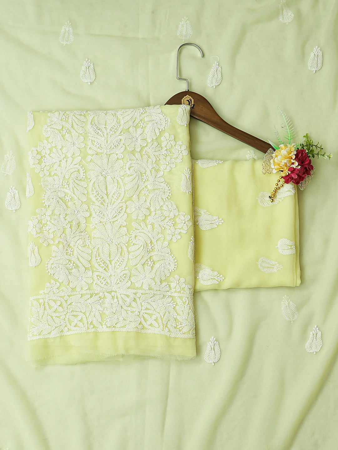 Ada Hand Embroidered Pastel Lemon Georgette Lucknowi Chikankari Unstitched Suit Piece 01A787940