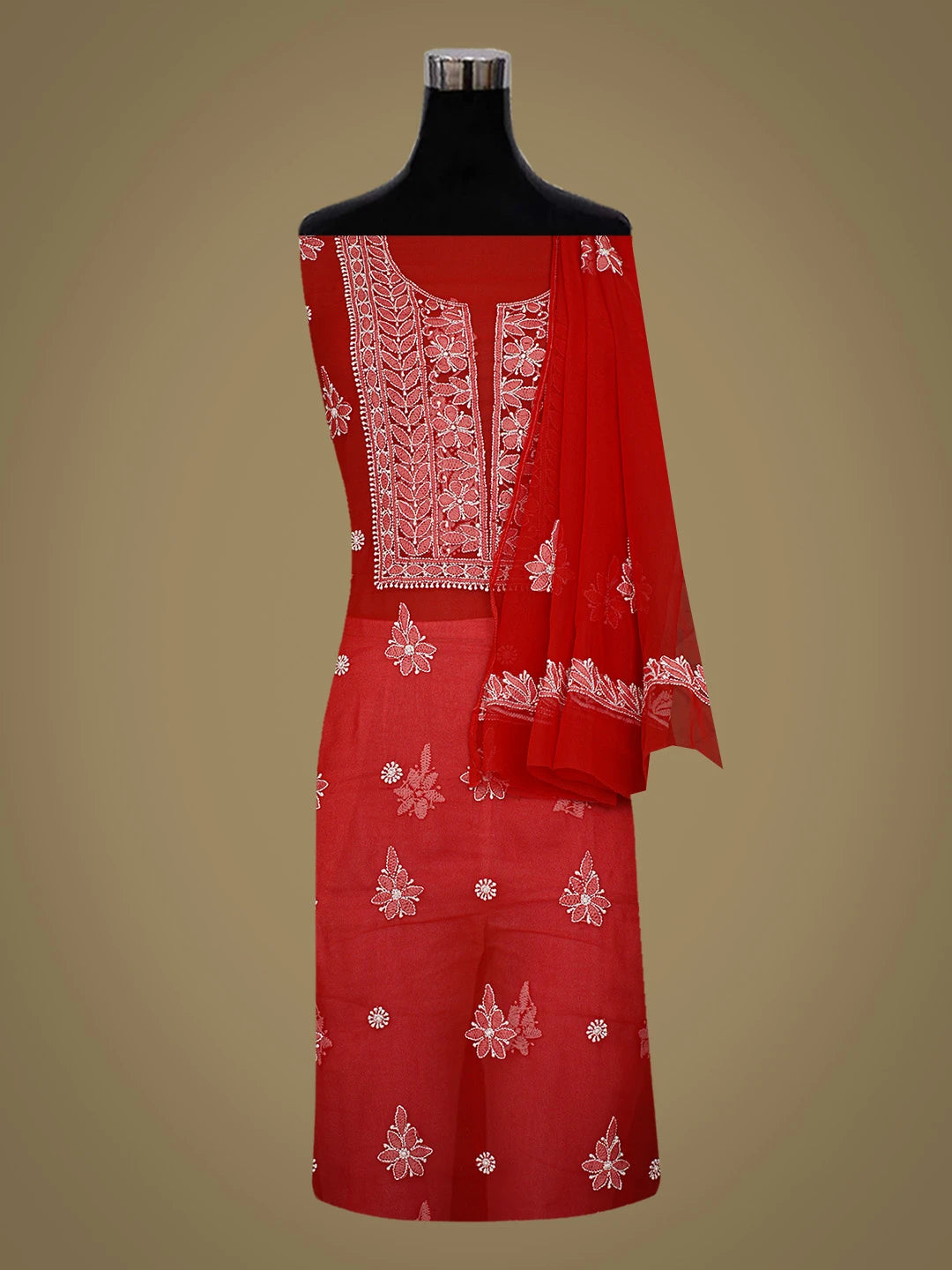 Ada Hand Embroidered Red Georgette Lucknowi Chikankari Unstitched Suit Piece 01A791431