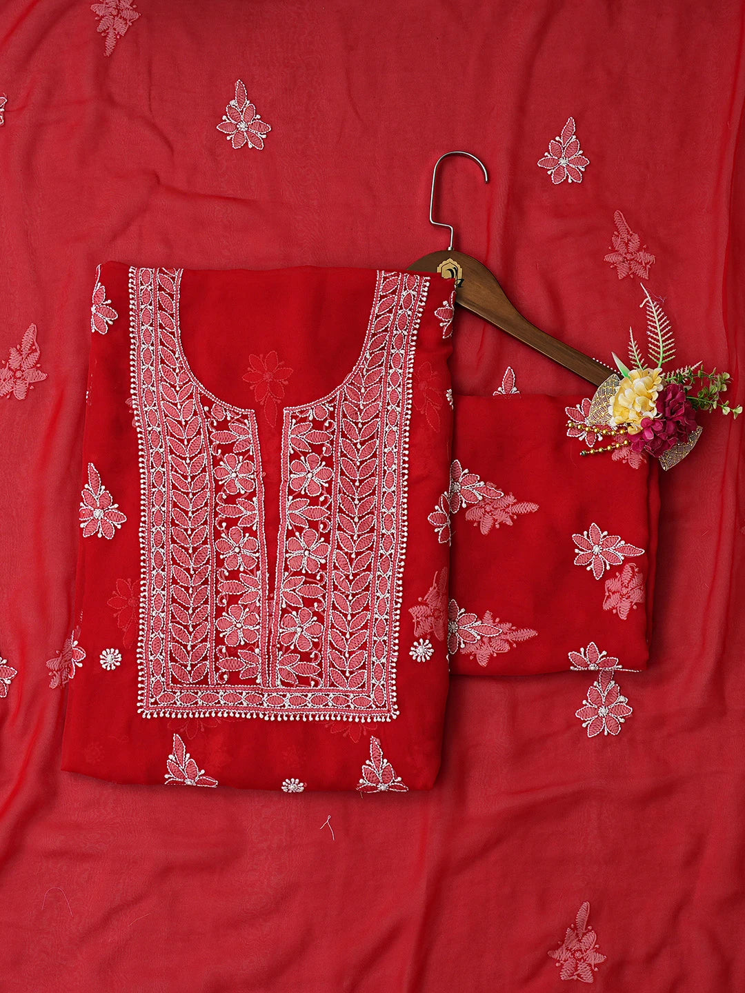 Ada Hand Embroidered Red Georgette Lucknowi Chikankari Unstitched Suit Piece 01A791431
