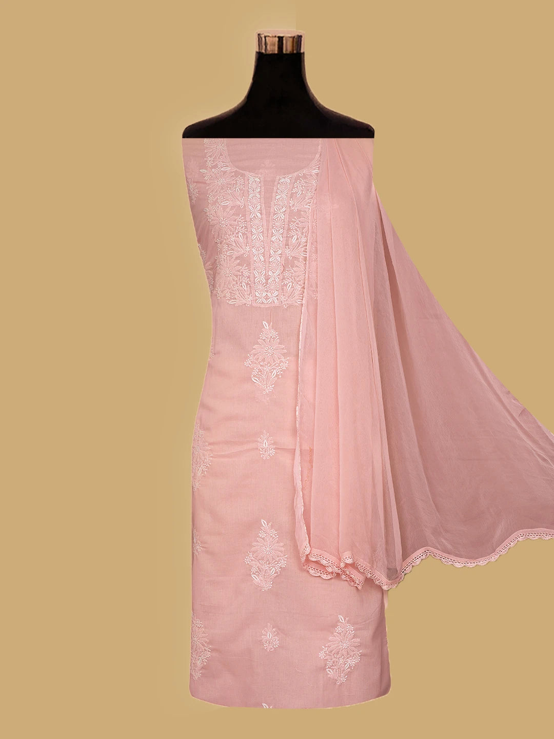 Ada Hand Embroidered Peach Cotton Lucknowi Chikankari Unstitched Suit Piece 01A773553