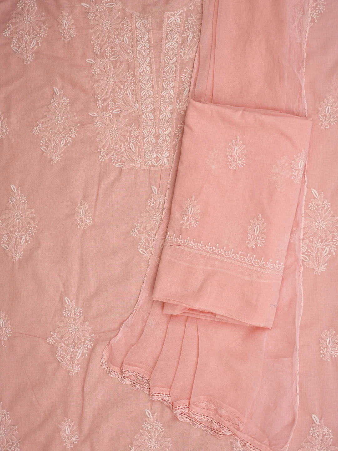 Ada Hand Embroidered Peach Cotton Lucknowi Chikankari Unstitched Suit Piece 01A773553