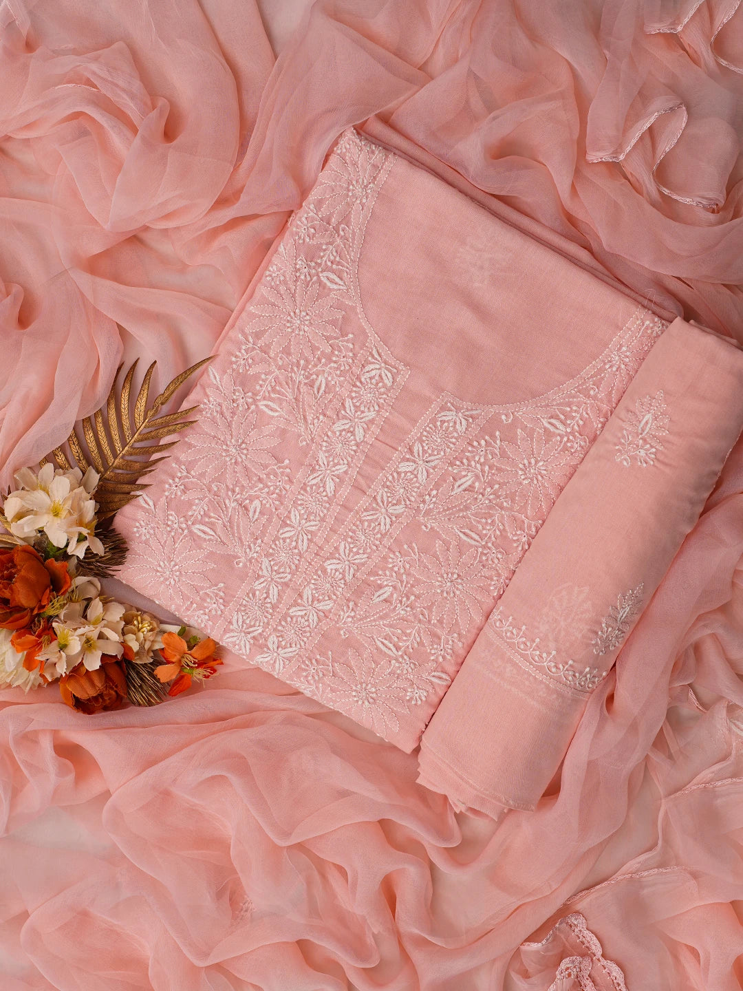 Ada Hand Embroidered Peach Cotton Lucknowi Chikankari Unstitched Suit Piece 01A773553