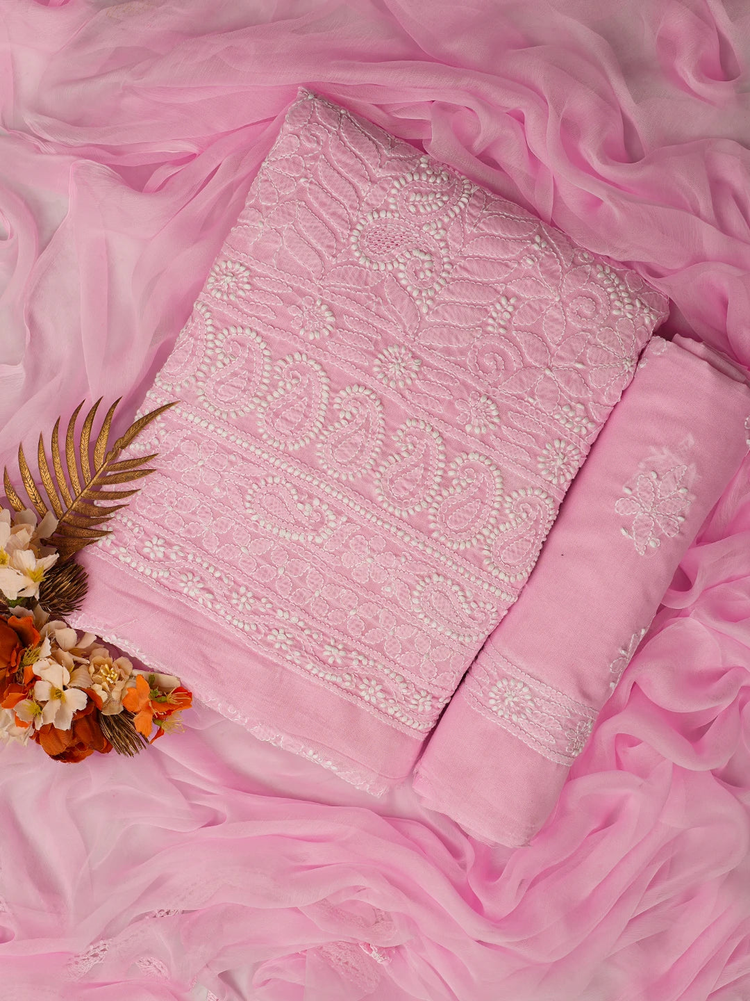 Ada Hand Embroidered Pink Cotton Lucknowi Chikankari Unstitched Suit Piece 01A592225
