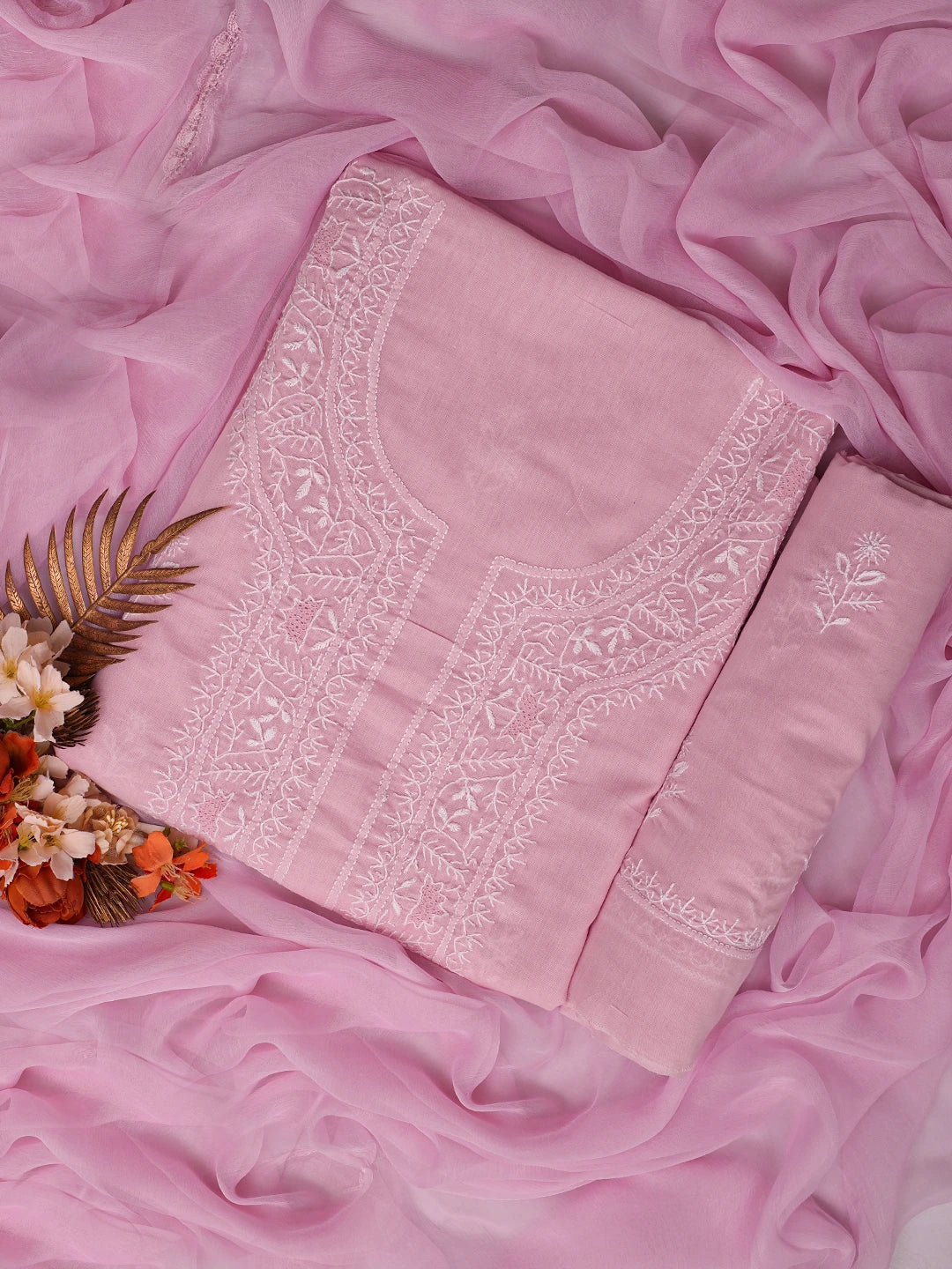 Ada Hand Embroidered Pink Cotton Lucknowi Chikankari Unstitched Suit Piece 01A762995