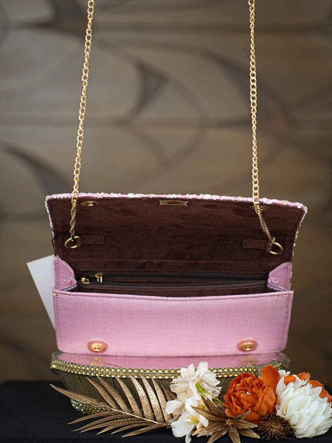 Ada Hand Embroidered Pink Silk Lucknowi Chikankari Clutch With Zari Taar Work 01A768242