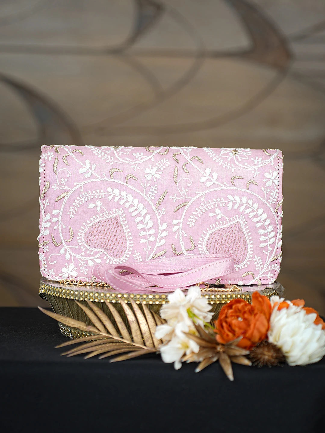 Ada Hand Embroidered Pink Silk Lucknowi Chikankari Clutch With Zari Taar Work 01A768242