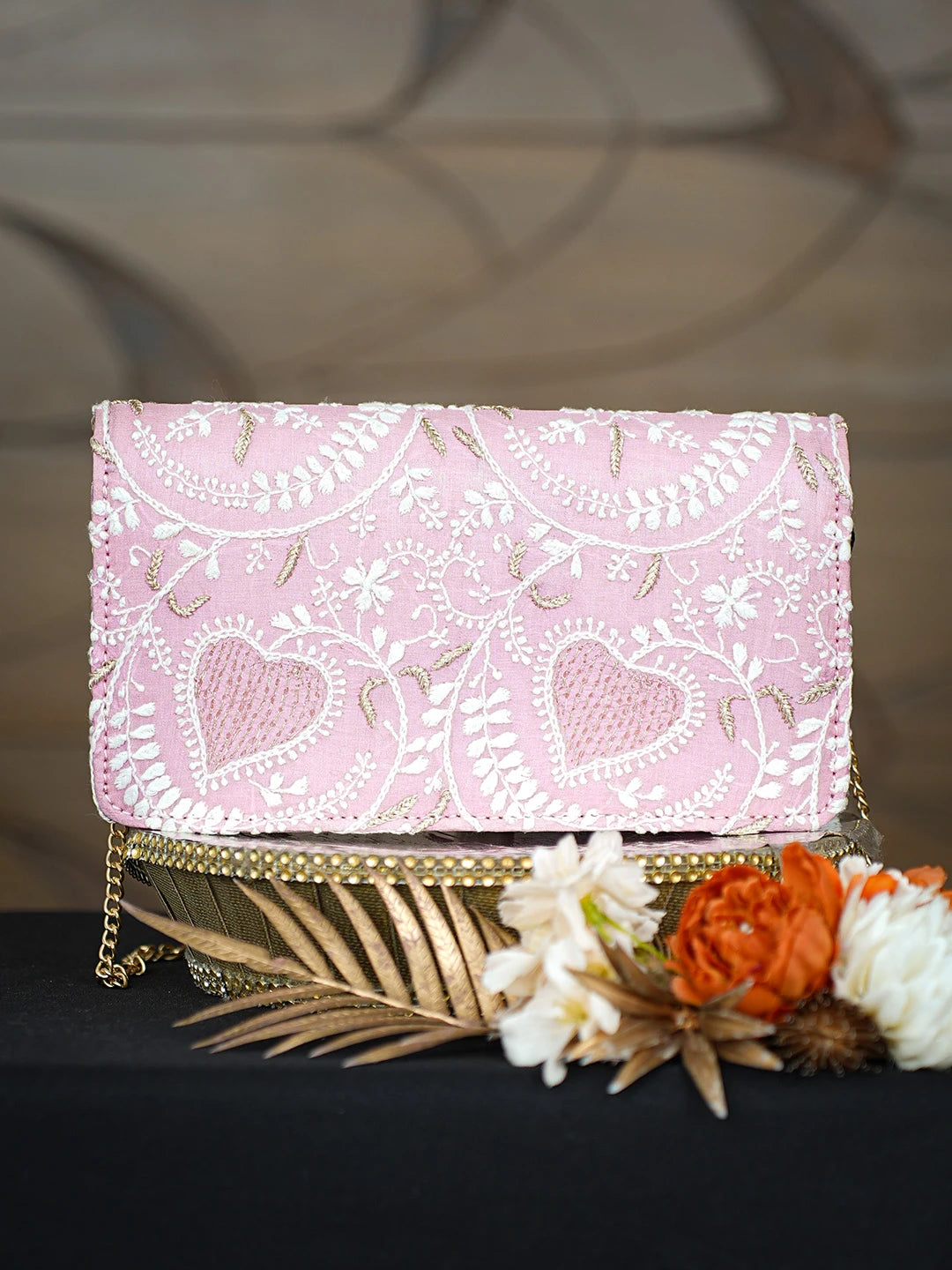 Ada Hand Embroidered Pink Silk Lucknowi Chikankari Clutch With Zari Taar Work 01A768242