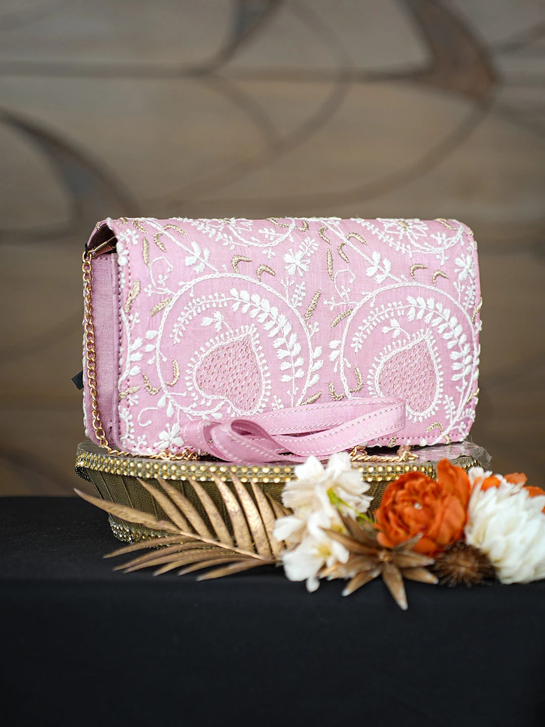 Ada Hand Embroidered Pink Silk Lucknowi Chikankari Clutch With Zari Taar Work 01A768242