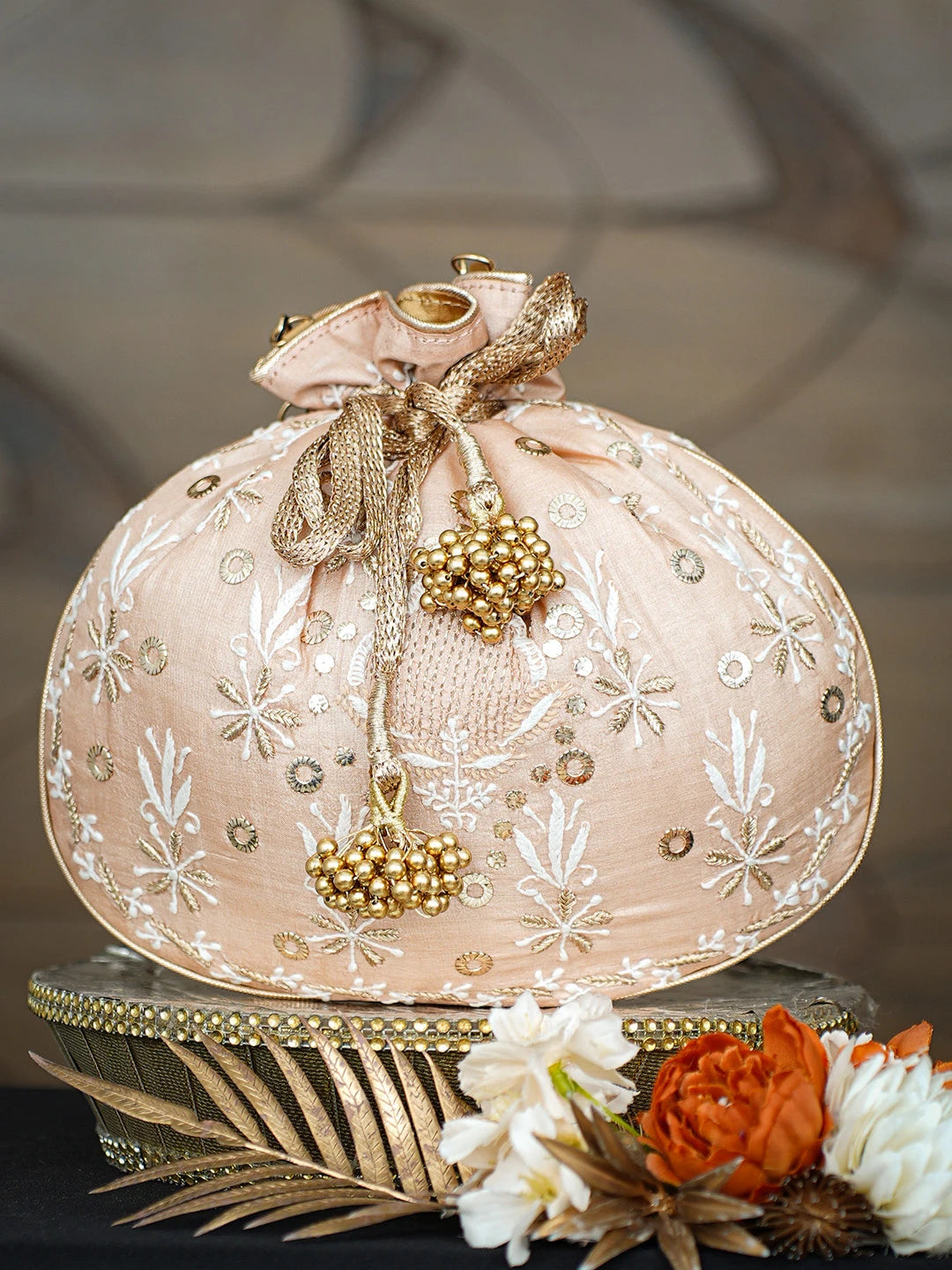 Ada Hand Embroidered Peach Silk Lucknowi Chikankari Potli With Zari Taar Work 01A808071