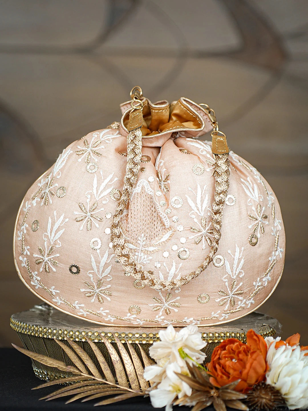 Ada Hand Embroidered Peach Silk Lucknowi Chikankari Potli With Zari Taar Work 01A808071