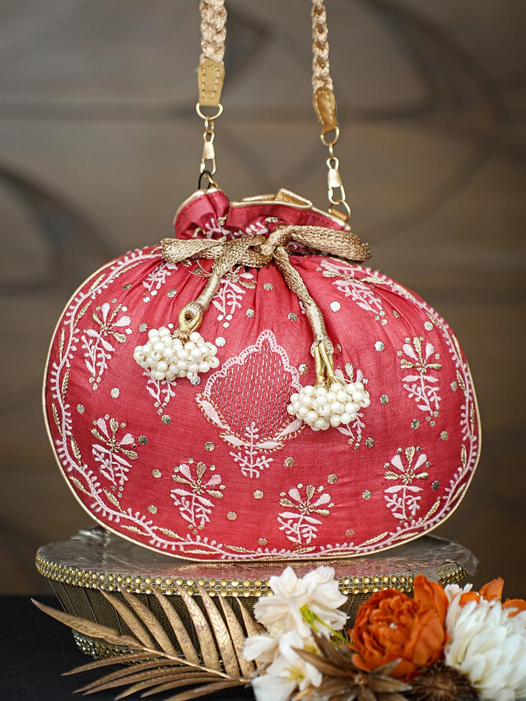 Ada Hand Embroidered Red Silk Lucknowi Chikankari Potli With Zari Taar Work 01A808070