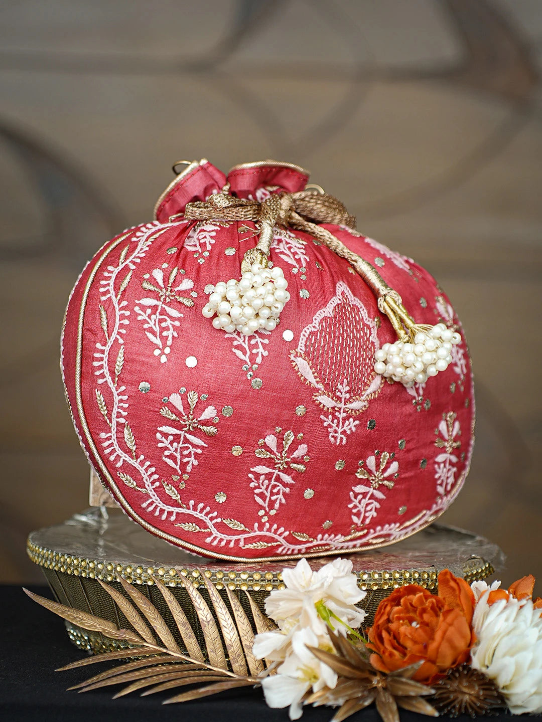 Ada Hand Embroidered Red Silk Lucknowi Chikankari Potli With Zari Taar Work 01A808070