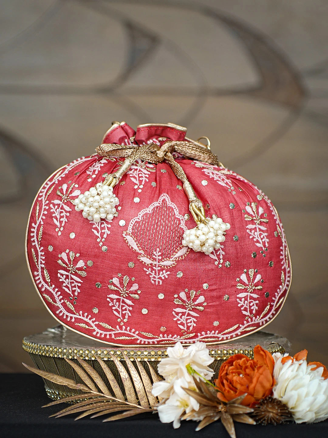 Ada Hand Embroidered Red Silk Lucknowi Chikankari Potli With Zari Taar Work 01A808070