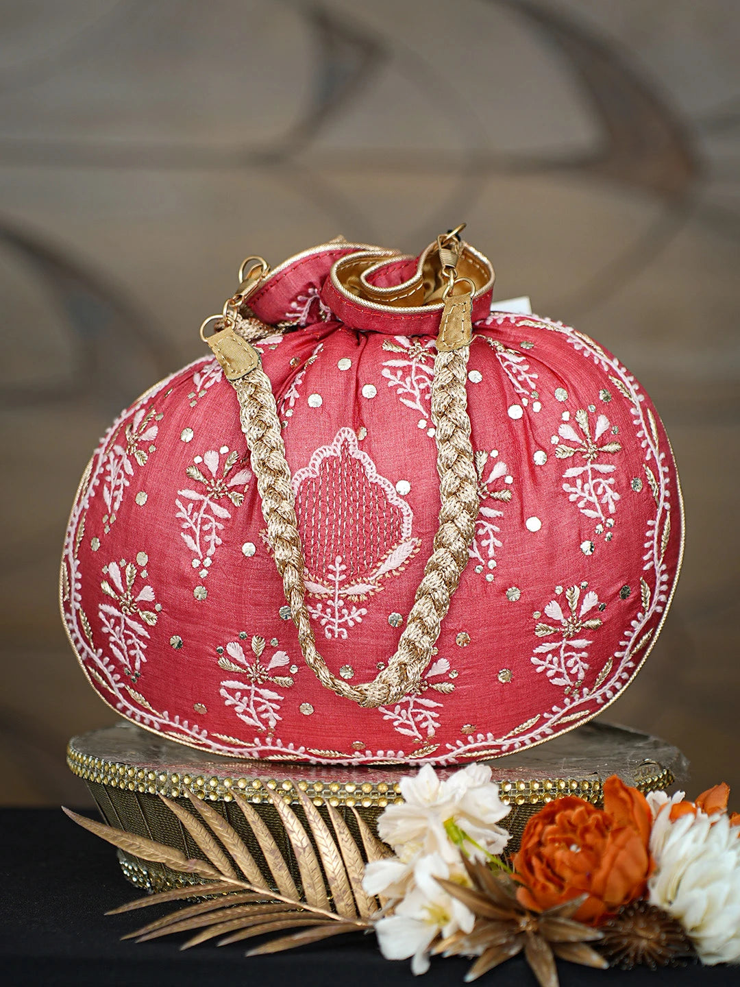 Ada Hand Embroidered Red Silk Lucknowi Chikankari Potli With Zari Taar Work 01A808070