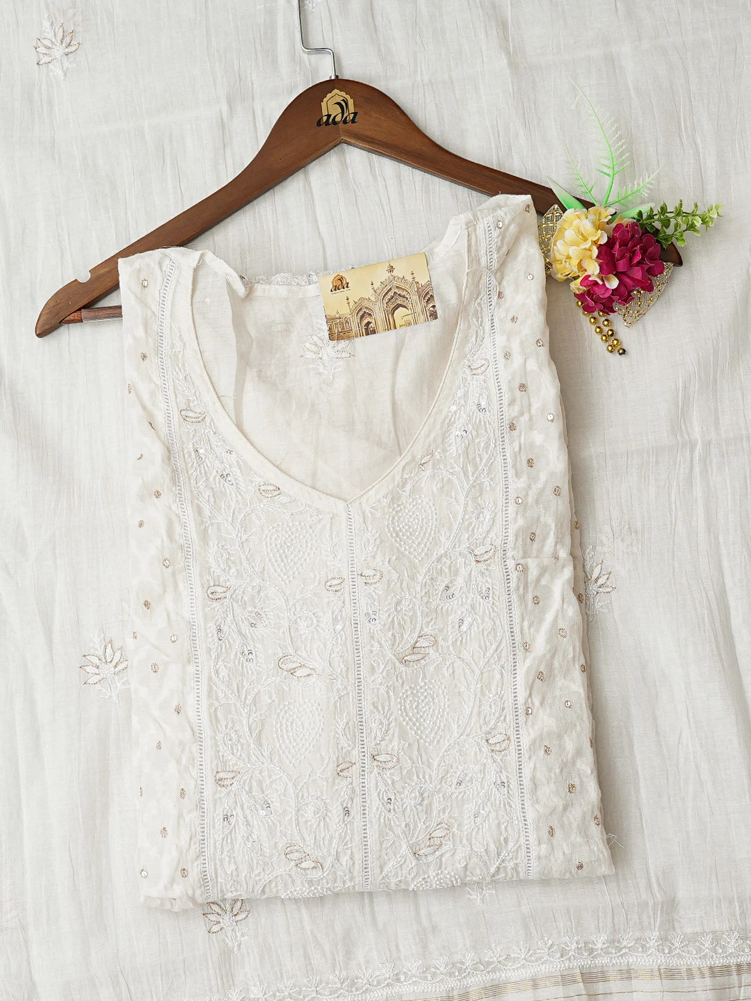 Ada Hand Embroidered Floral White Chanderi Lucknowi Chikankari Semi-stitched Kurta Dupatta Set With Cutdana Work  01A785331