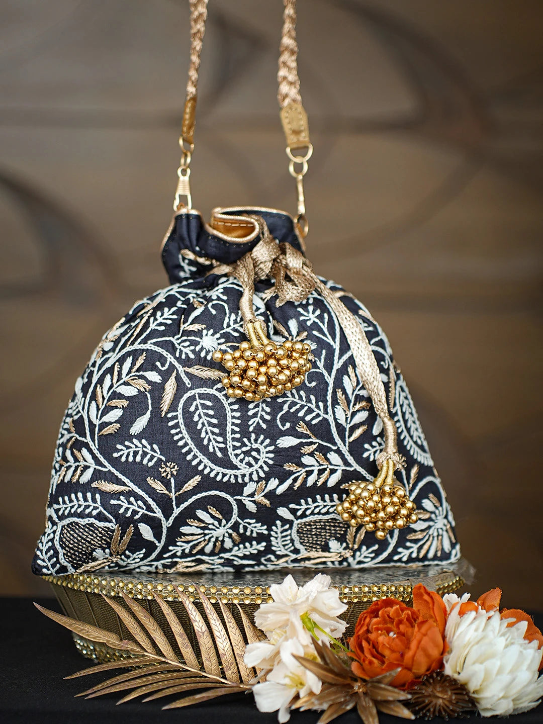 Ada Hand Embroidered Black Silk Lucknowi Chikankari Potli With Zari Taar Work 01A808043