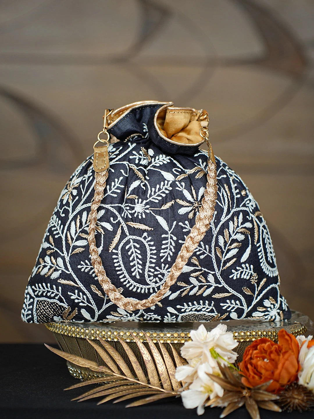 Ada Hand Embroidered Black Silk Lucknowi Chikankari Potli With Zari Taar Work 01A808043