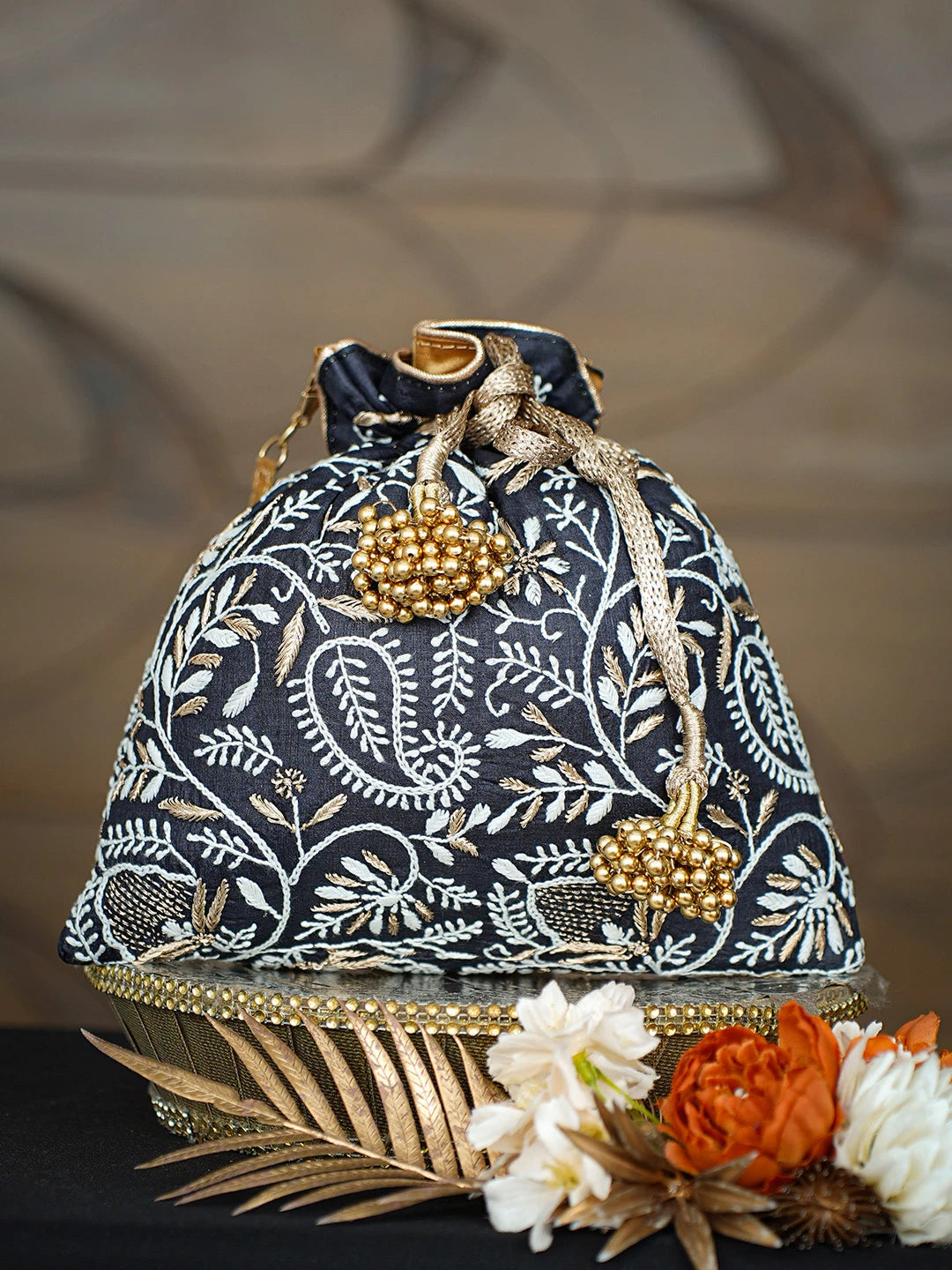 Ada Hand Embroidered Black Silk Lucknowi Chikankari Potli With Zari Taar Work 01A808043