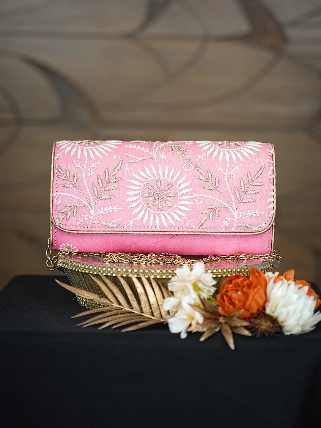 Ada Hand Embroidered Pink Silk Lucknowi Chikankari Clutch With Zari Work 01A167693