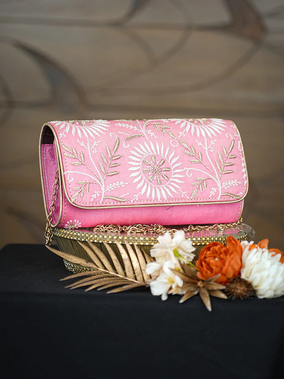 Ada Hand Embroidered Pink Silk Lucknowi Chikankari Clutch With Zari Work 01A167693
