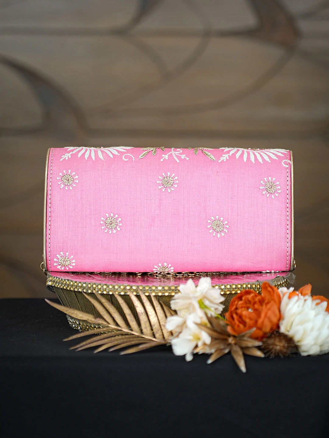 Ada Hand Embroidered Pink Silk Lucknowi Chikankari Clutch With Zari Work 01A167693