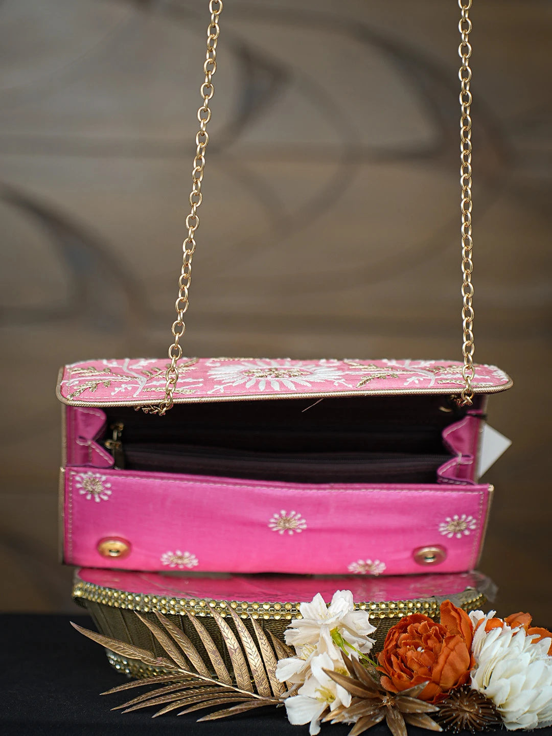 Ada Hand Embroidered Pink Silk Lucknowi Chikankari Clutch With Zari Work 01A167693