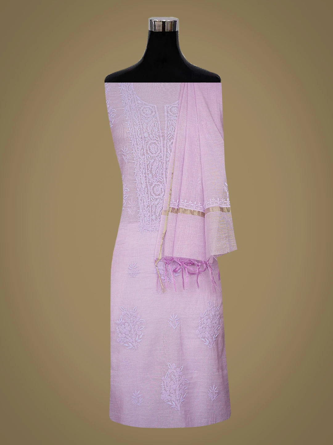 Ada Hand Embroidered Lavender Chanderi Lucknowi Chikankari Unstitched Kurta Dupatta Set 01A790467