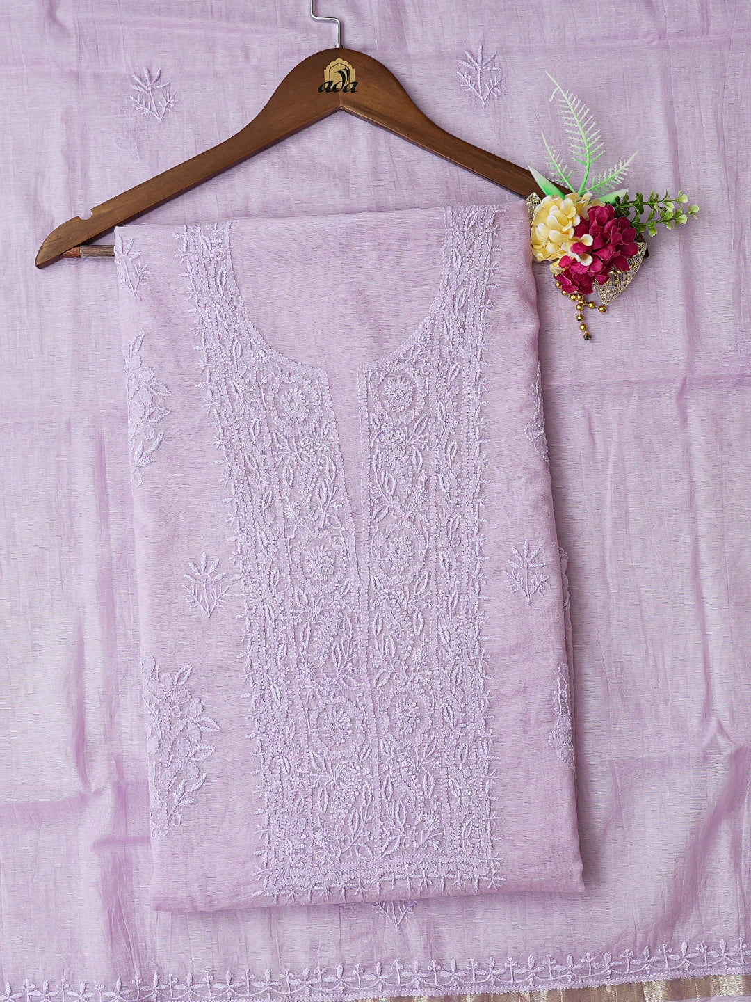 Ada Hand Embroidered Lavender Chanderi Lucknowi Chikankari Unstitched Kurta Dupatta Set 01A790467