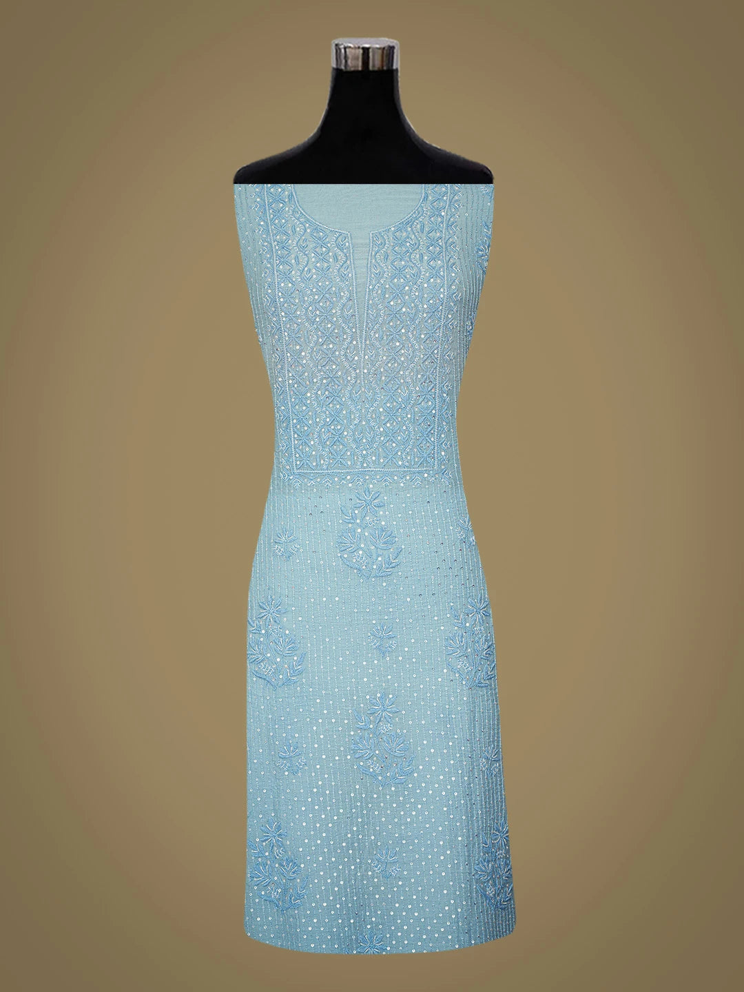 Ada Hand Embroidered Columbia Blue Chanderi Lucknowi Chikankari Unstitched Kurta Dupatta Set With Cutdana Work 01A762782