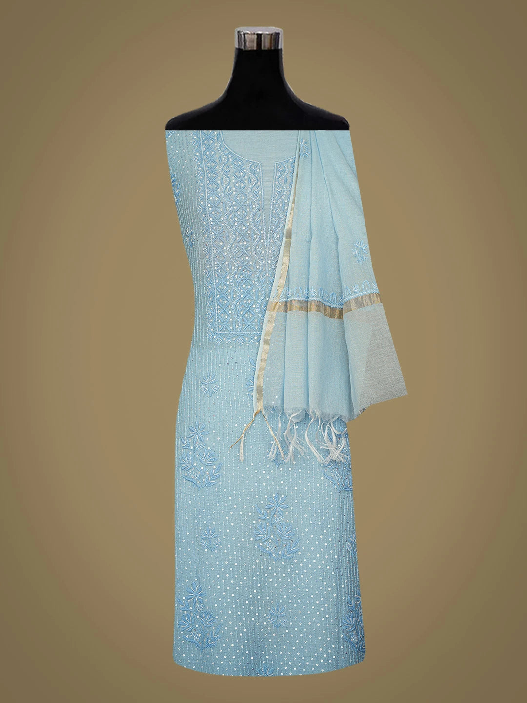 Ada Hand Embroidered Columbia Blue Chanderi Lucknowi Chikankari Unstitched Kurta Dupatta Set With Cutdana Work 01A762782