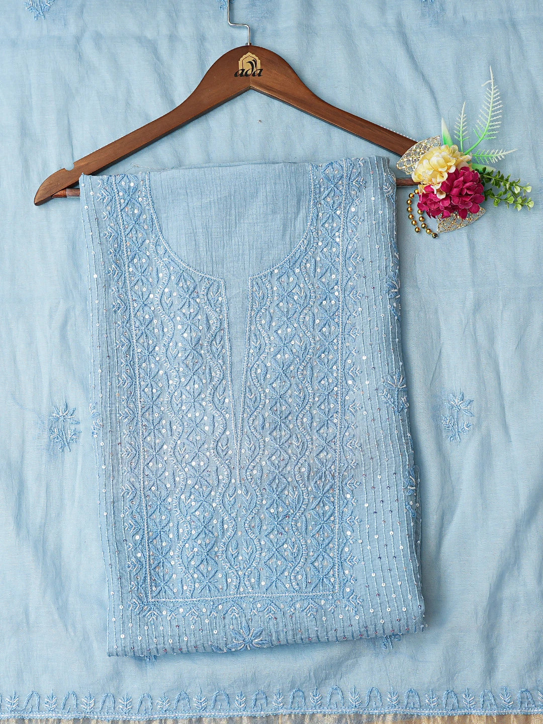 Ada Hand Embroidered Columbia Blue Chanderi Lucknowi Chikankari Unstitched Kurta Dupatta Set With Cutdana Work 01A762782
