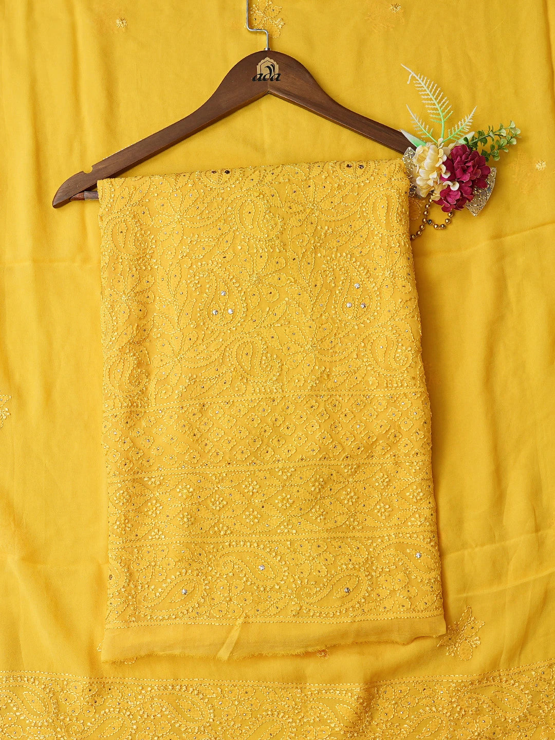 Ada Hand Embroidered Yellow Viscose Georgette Lucknowi Chikankari Unstitched Kurta Dupatta Set With Mukaish Work 01A666060