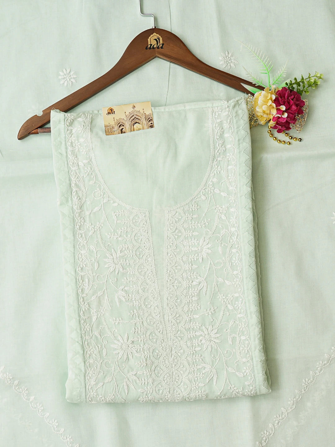Ada Hand Embroidered Light Sea Green Cotton Lucknowi Chikankari Semi-Stitched Kurta Dupatta Set 01A657594