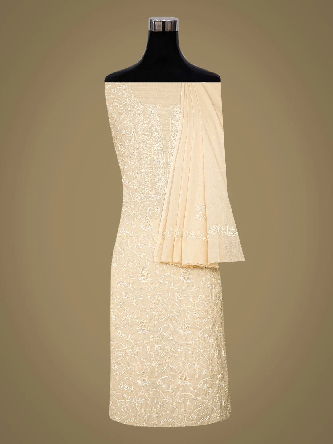 Ada Hand Embroidered Fawn Cotton Lucknowi Chikankari Unstitched Kurta Dupatta Set 01A299082