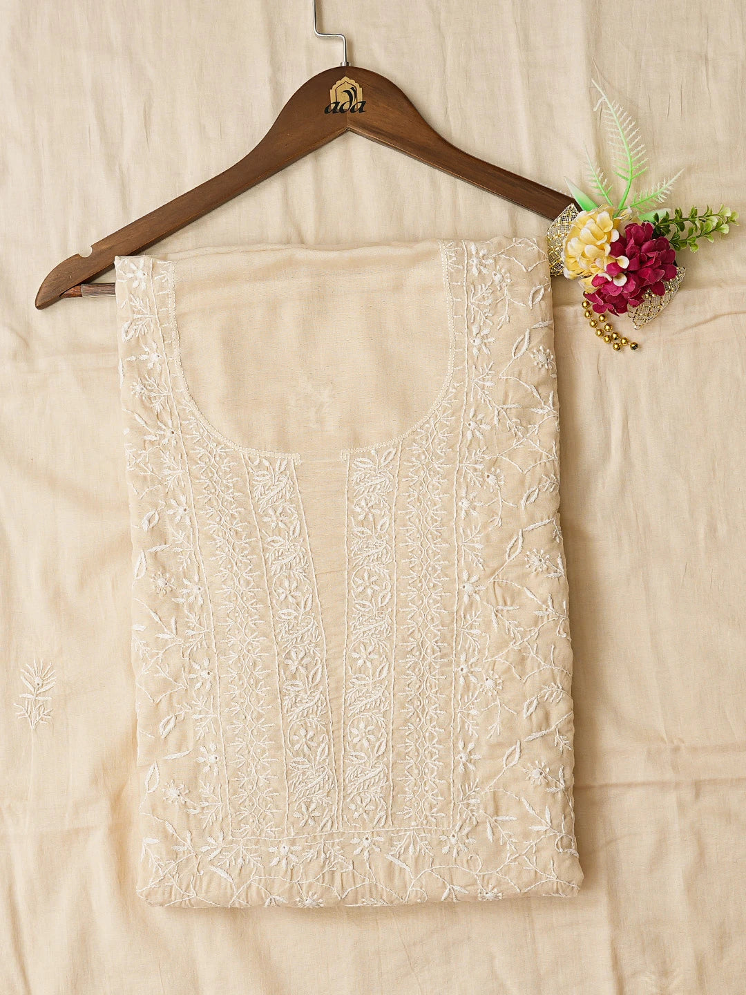 Ada Hand Embroidered Fawn Cotton Lucknowi Chikankari Unstitched Kurta Dupatta Set 01A299082