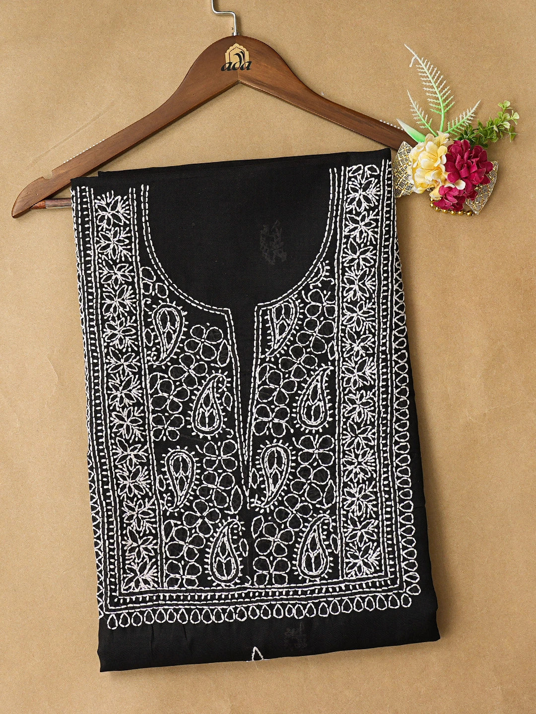 Ada Hand Embroidered Black Cotton Lucknowi Chikankari Unstitched Kurta Piece 01A751784