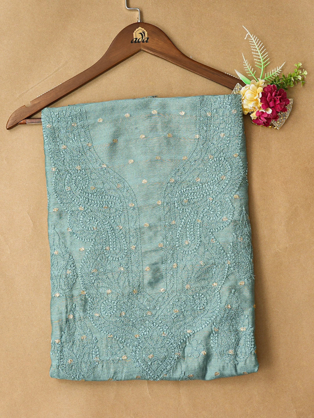 Ada Hand Embroidered Teal Green Chanderi Lucknowi Chikankari Unstitched Kurta Piece With Zari Taar Work 01A795362