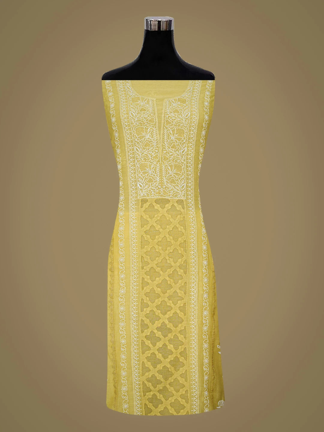 Ada Hand Embroidered Mustard Chanderi Lucknowi Chikankari Unstitched Kurta Dupatta Set 01A708646