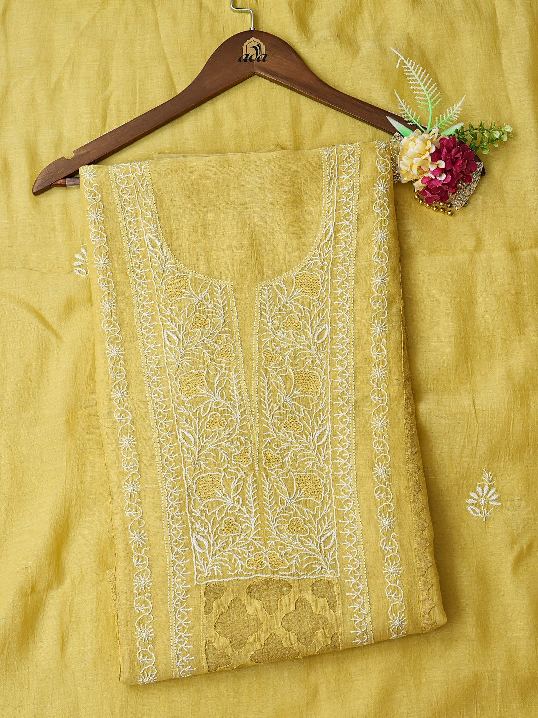 Ada Hand Embroidered Mustard Chanderi Lucknowi Chikankari Unstitched Kurta Dupatta Set 01A708646