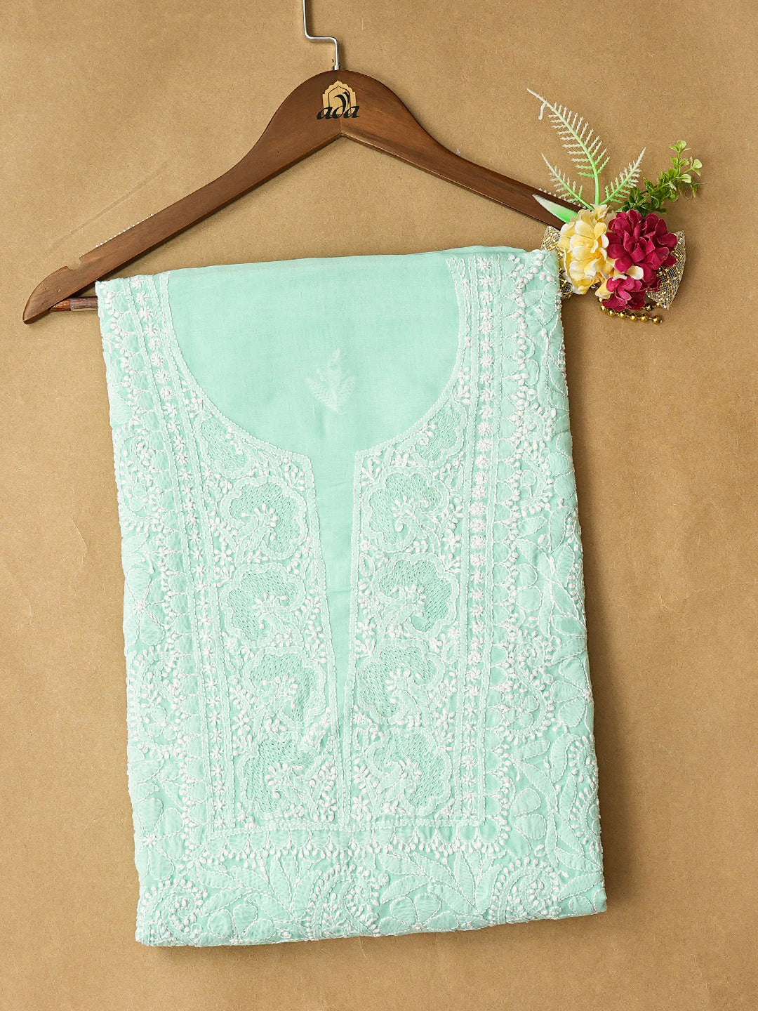 Ada Hand Embroidered Sea Green Cotton Lucknowi Chikankari Unstitched Kurta Piece 01A772938