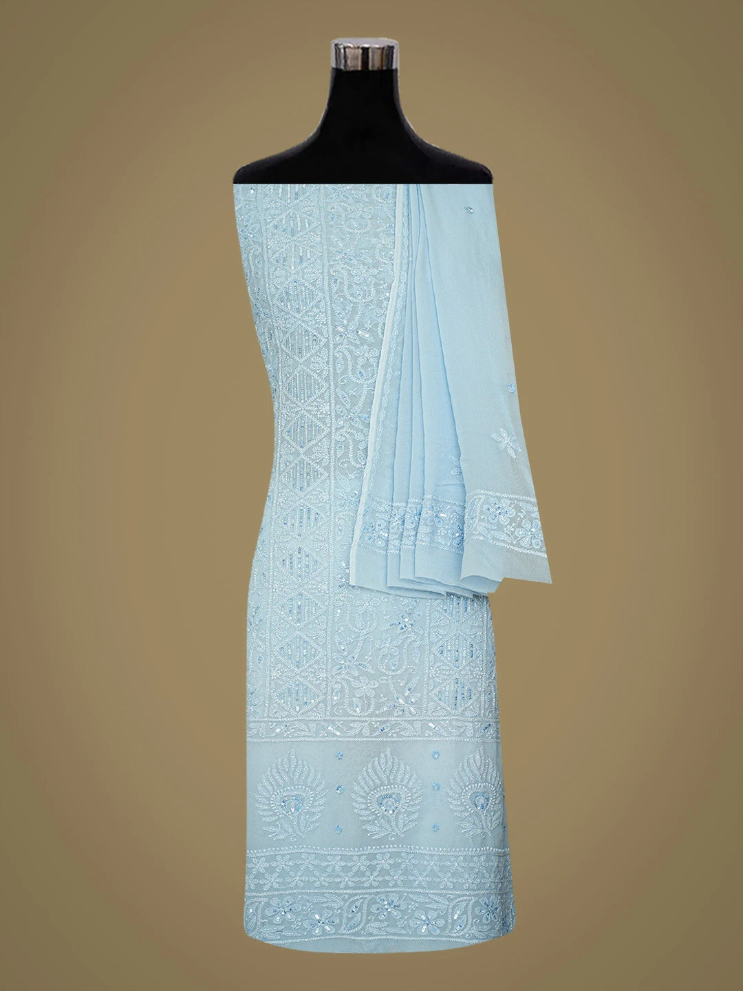 Ada Hand Embroidered Baby Blue Viscose Georgette Lucknowi Chikankari Unstitched Kurta Dupatta Set With Sequinned Work 01A757078