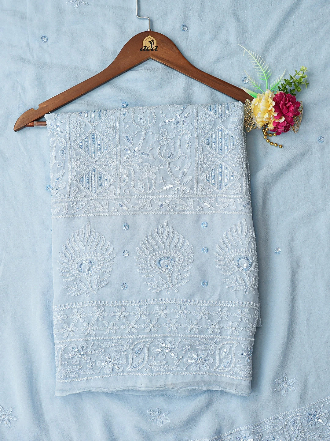 Ada Hand Embroidered Baby Blue Viscose Georgette Lucknowi Chikankari Unstitched Kurta Dupatta Set With Sequinned Work 01A757078