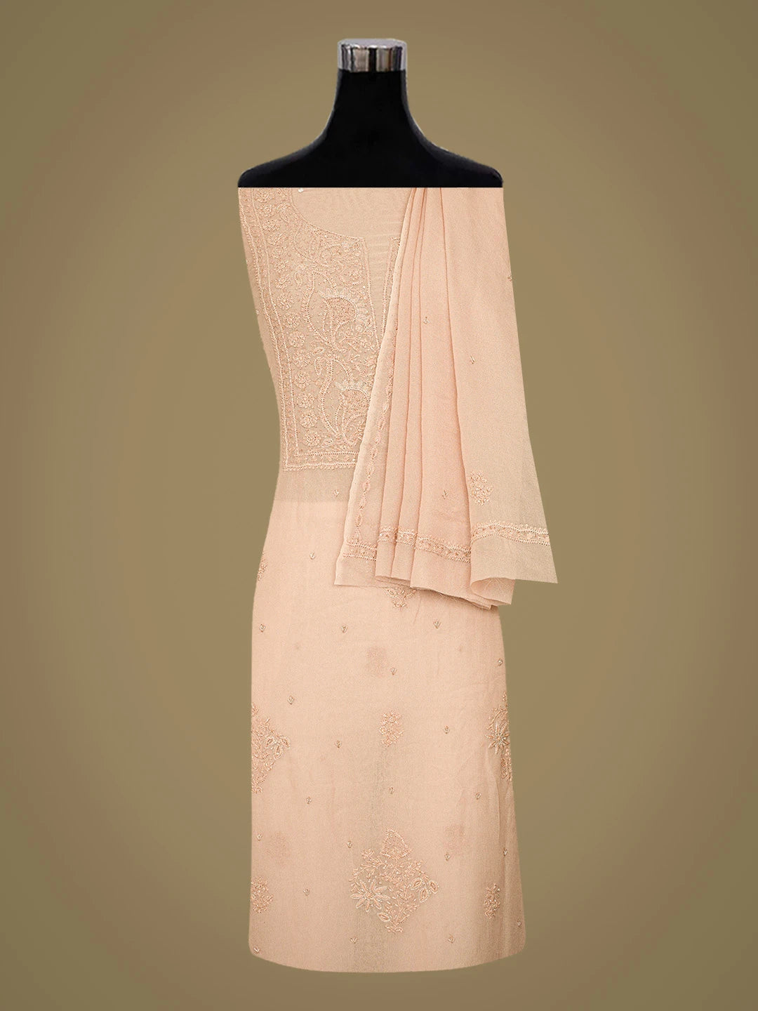 Ada Hand Embroidered Dusty Peach Viscose Georgette Lucknowi Chikankari Unstitched Kurta Dupatta Set With Cutdana Work 01A771735