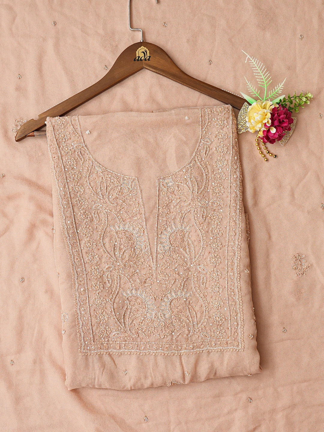 Ada Hand Embroidered Dusty Peach Viscose Georgette Lucknowi Chikankari Unstitched Kurta Dupatta Set With Cutdana Work 01A771735