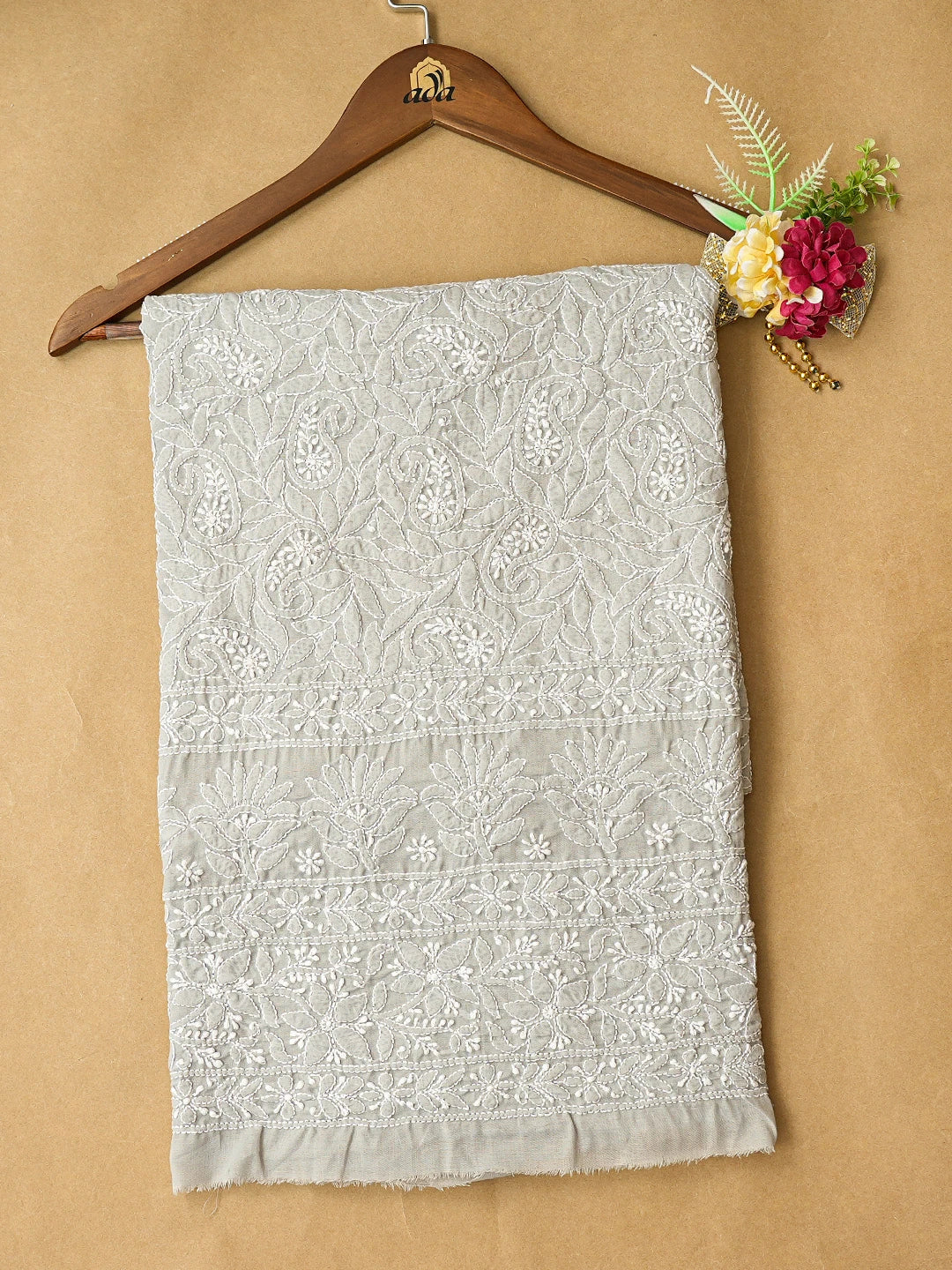 Ada Hand Embroidered Grey Cotton Lucknowi Chikankari Unstitched Kurta Piece 01A772925