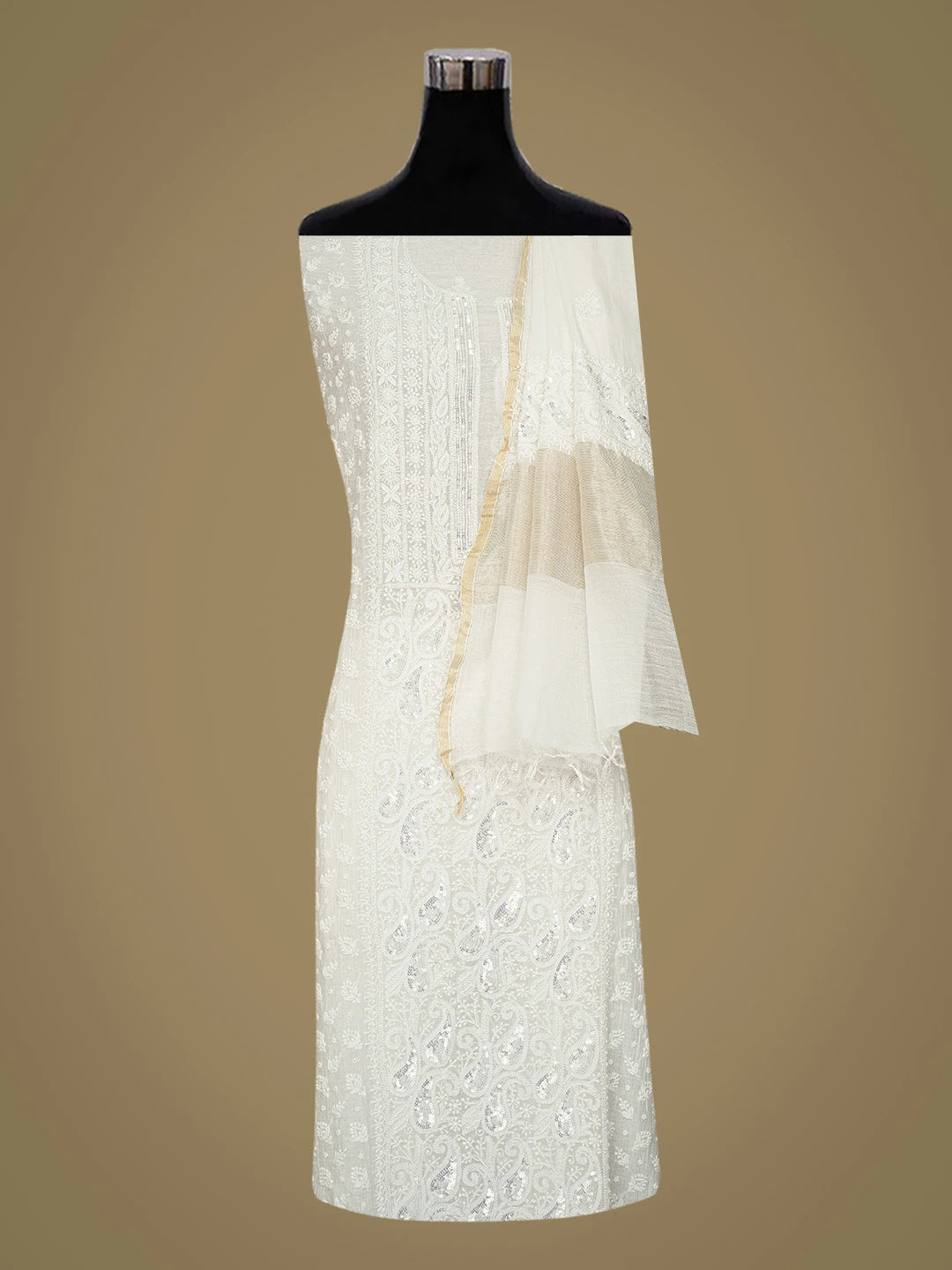Ada Hand Embroidered White Chanderi Lucknowi Chikankari Semi-Stitched Kurta Dupatta Set With Pearl Work 01A799448