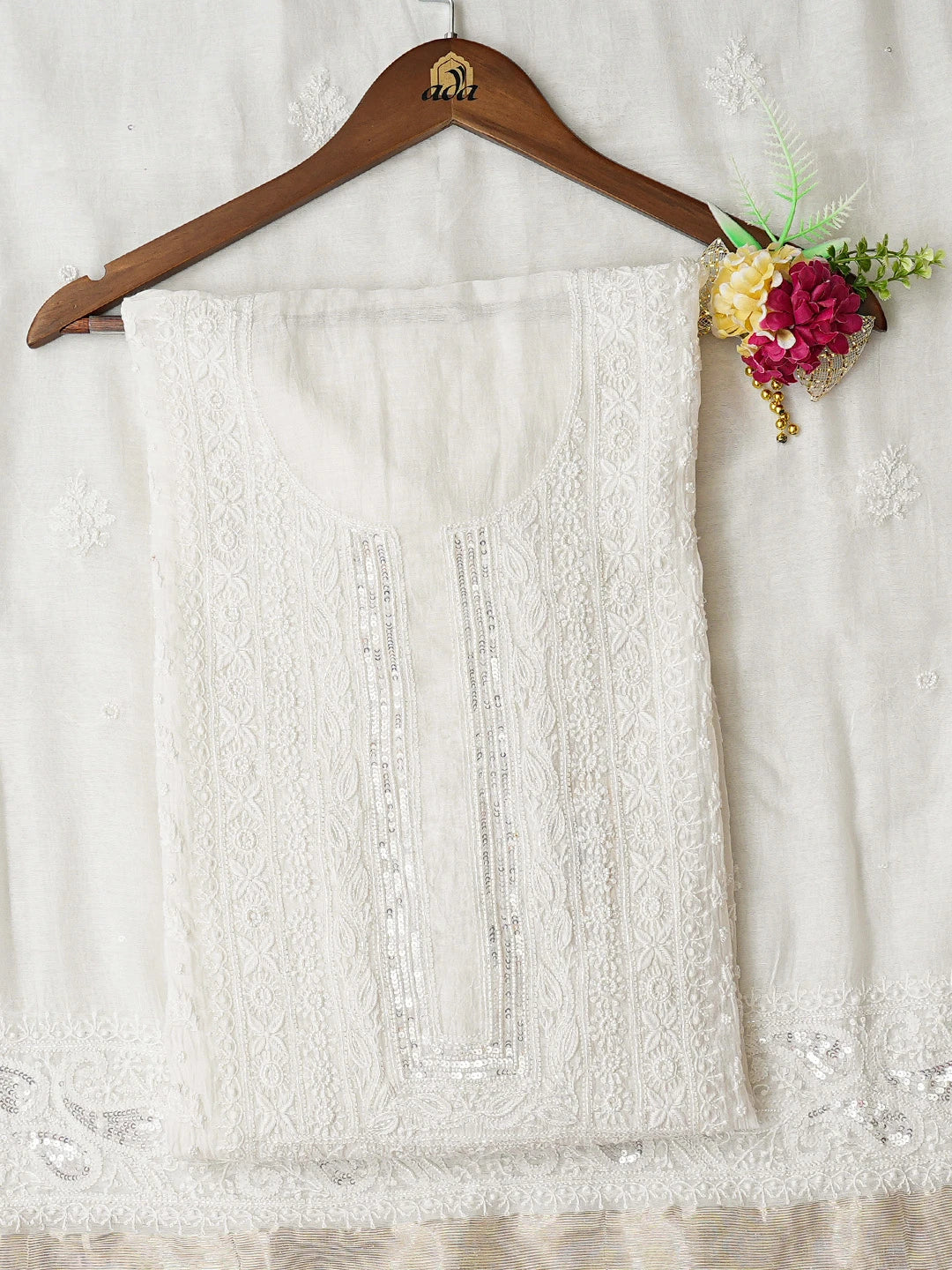 Ada Hand Embroidered White Chanderi Lucknowi Chikankari Semi-Stitched Kurta Dupatta Set With Pearl Work 01A799448