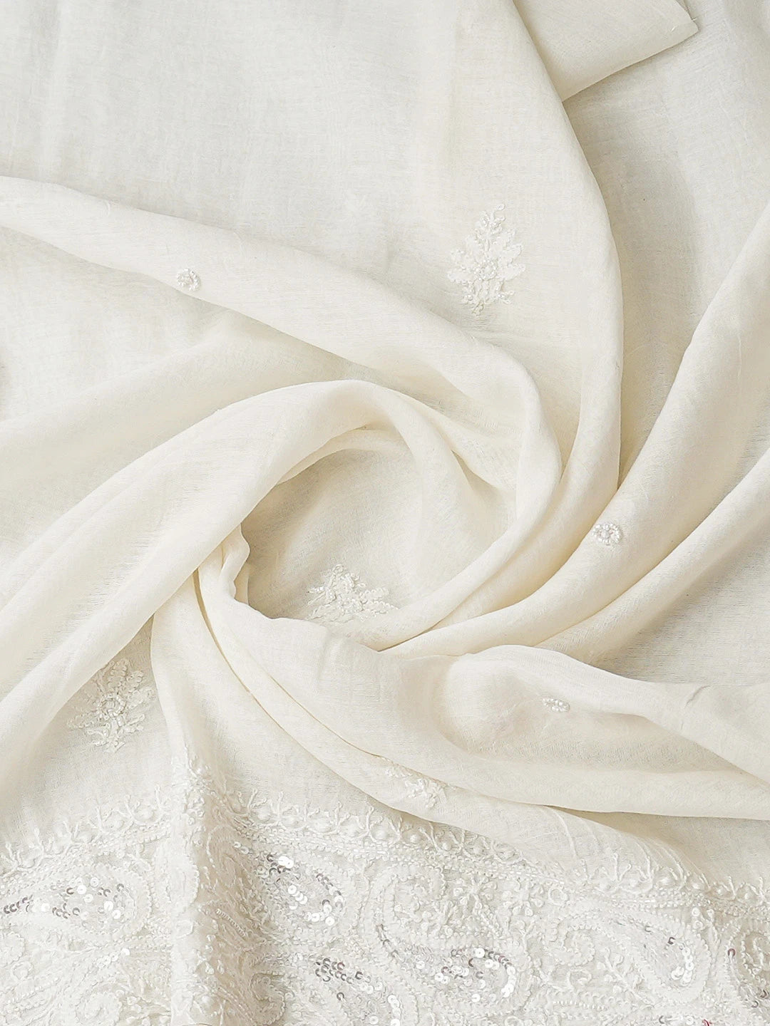 Ada Hand Embroidered White Chanderi Lucknowi Chikankari Semi-Stitched Kurta Dupatta Set With Pearl Work 01A799448