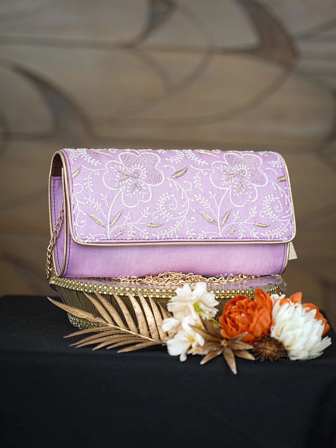 Ada Hand Embroidered Lavender Silk Lucknowi Chikankari Potli Bag With Zari Work 01A808304