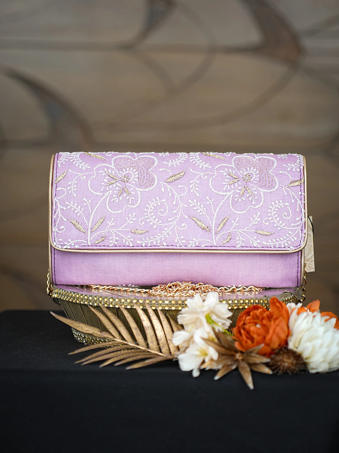 Ada Hand Embroidered Lavender Silk Lucknowi Chikankari Potli Bag With Zari Work 01A808304